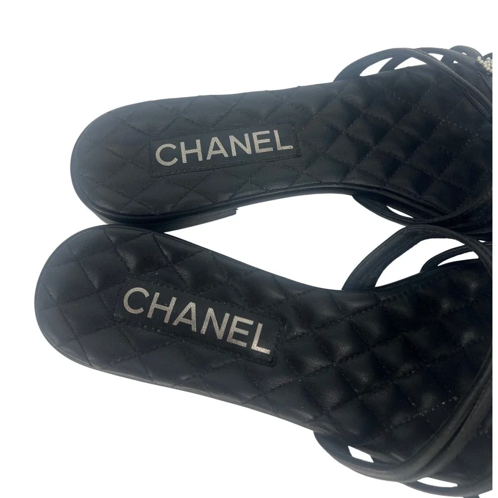 Chanel 2019 Quilted CC Pearl Leather Slide Sandals Black 36.5